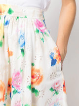 חצאית כותנה עם כיסים אורך ברך אלמנט תחרה בהדפס פרחים צבעוני