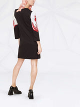 שמלה אלגנטית בצבע שחור אורך ברך שרוול 3/4 עם הדפס סחלב