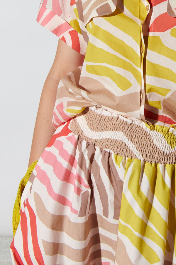 חצאית מקסי 100% כותנה בהדפס צבעוני גומי במותן
