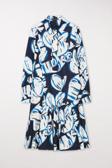 שמלת פולו כחולה 100% כותנה מראה נוזלי עם הדפס עלים אורך ברך