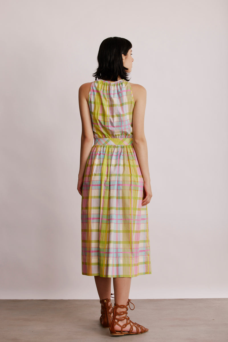 שמלת כותנה ללא שרוולים אורך מידי הדפס משבצות ורוד וצהוב