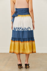 חצאית מעטפת מידי רחבה טאי דאי בצבעי חרדל כחול ולבן