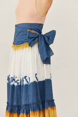 חצאית מעטפת מידי רחבה טאי דאי בצבעי חרדל כחול ולבן